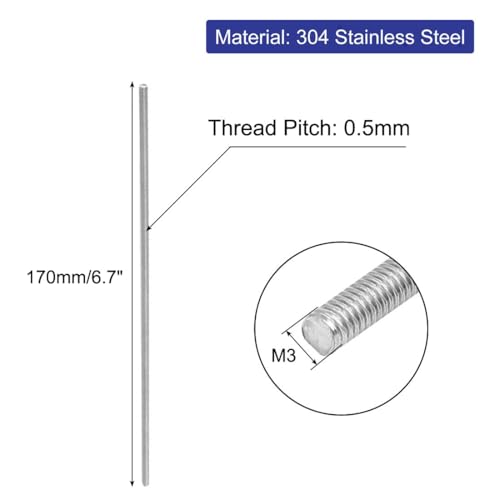 uxcell M3 x 170mm 0.5mm Pitch 304 Stainless Steel Fully Threaded Rod Silver Tone 10 Pcs - size: M3 x 170mm