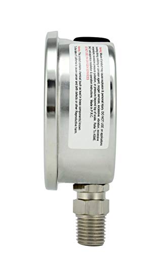 2" Pressure Gauge, Stainless Steel Case, Chrome Plated Brass Connection, Liquid Filled, 0-4000 psi/kPa, Lower Mount 1/4" NPT