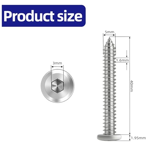 50-Piece M5 x 40mm Self-Tapping Screws - 304 Stainless Steel Flat Head Hex Socket Cap Screws with Drive Bit, for Wood and Thin Metal - color: Silver, size: M5 x 40mm