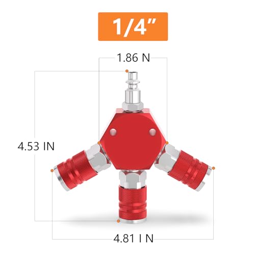 GASHER 1/4" basic body size Aluminum Hex Style 3-Way Air Manifold with 3 Pieces Steel Industrial Coupler and Plug, Air Compressor manifold Hose Accessories Quick Connect Fittings Air Splitter(2-Pack) - style: RED 2PCS