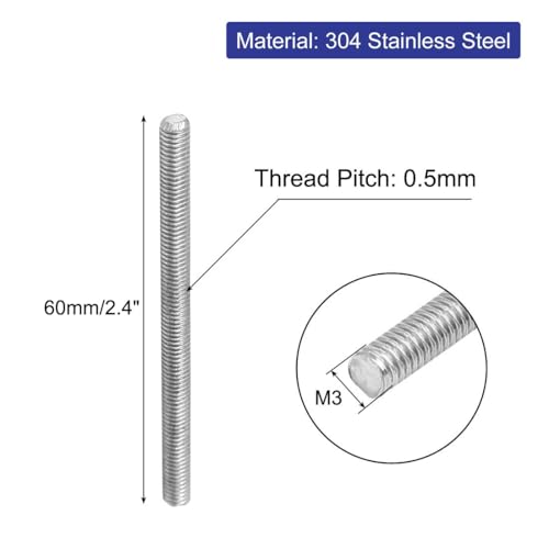 uxcell M3 x 60mm 0.5mm Pitch 304 Stainless Steel Fully Threaded Rods Bar Studs 10 Pcs - size: M3 x 60mm