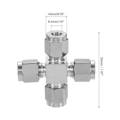 PATIKIL 304 Stainless Steel Cross Compression Tube Fitting 6.4mm, 1/4" ID, Pipes Adapter for Water Garden Irrigation System, Silver - size: 0.25 Inch