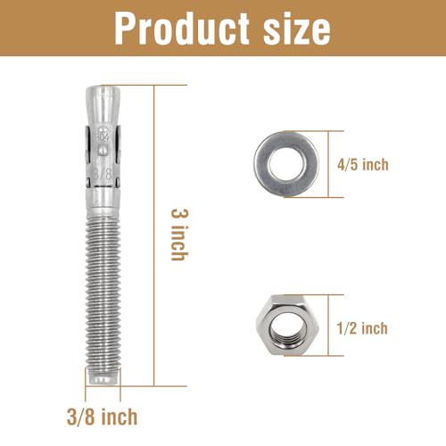 3/8"x3" Wedge Anchor for Concrete, Heavy Duty Bolt Anchors - size: 3/8"x3"