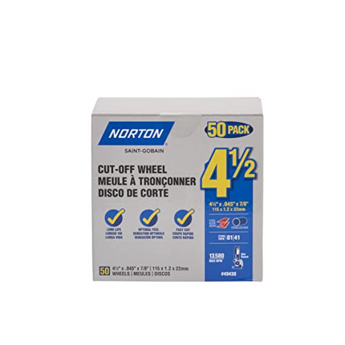 Norton Cut Off Wheels 50-Pack, 4 1/2 Inch High Performance Metal & Stainless Steel Cutting Disc, 7/8'' Arbor, Compatible with Angle Grinders - style: Pack of 50