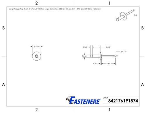 Fastenere Large Flange Pop Rivets - 3/16" x 3/8" (50 pcs) Heavy Duty, Open End, Steel Zinc, Corrosion-Resistant, High Tensile & Shear Strength, 6-6 Gap .251" - .375"