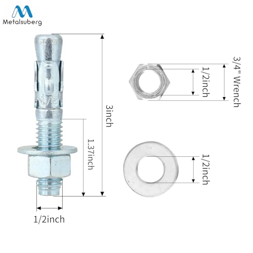1/2"x3" Wedge Anchors by Zinced of Heavy-Duty Fastener for Cement and Concrete (8pcs Pack) - size: 1/2"x 3"