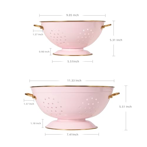 Metal Colander Set of 2, Strainer Basket with Handles 3.5 & 5 Qt Powder Coated Self-draining Solid Ring Base Metal Large Kitchen Colander Bowel for Pasta Vegetable Fruit (PINK) - color: M-PINK
