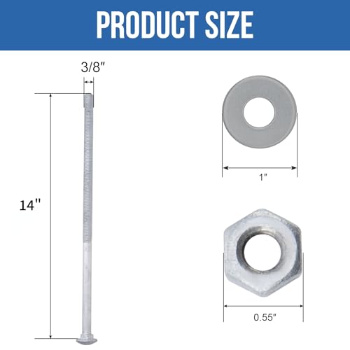 3/8" x 14" Carriage Bolts (25 PCS), Hot Dip Galvanized, Heavy Duty Round Head with Washers and Nuts - size: 3/8" x 14"