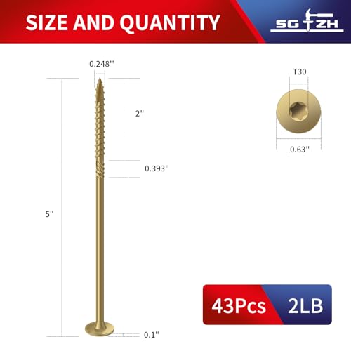 #14 x 5 Inch Outdoor Structural Wood Deck Screws (43Pcs/2lb), Carbon Steel, Tan, Flat Head, Rust Resistant Epoxy Coated, T30 Star Bit - color: Tan, size: #14 x 5"