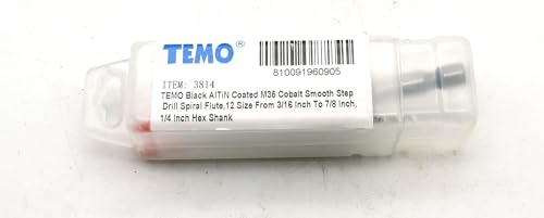 TEMO M35 Cobalt AITiN Spiral Step Drill Bit 3/16-7/8" 12 Size 1/4" HexShank - size: 3/16" - 7/8" AITiN, style: Spiral