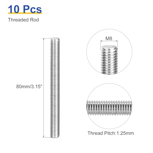 uxcell 10Pcs M8 x 80mm Fully Threaded Rod 304 Stainless Steel Bar Studs - size: M8 x 80mm
