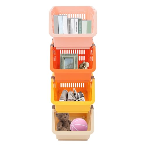 4 Pcs Open Front Stackable Storage Bins, PP Stacking Organizer Baskets with Rolling Wheels, Telescopic Buckles, Nestable, 38.58lbs Load (Ocean Mix) - color: Ocean Mix
