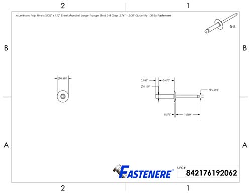 Fastenere Large Flange Pop Rivets - 5/32" x 1/2" (100 Pack) Aluminum Body Steel Mandrel, Heavy Duty Dome Head Blind Rivets, Open End 5-8 Gap .376" - .500" - Corrosion Resistant, High Shear Strength - size: 5/32" x 1/2" (5-8) (100 Pack)