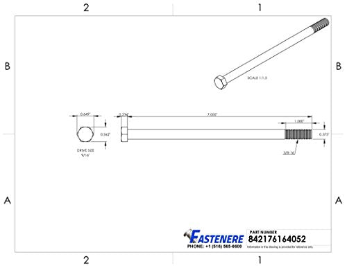 3/8-16 x 7 Hex Head Cap Screw Bolts, External Hex Drive, Stainless Steel 304, Partially Threaded, Stainless Steel, Quantity 5 By Fastenere - size: 3/8-16 x 7 Inch (5 Pack)