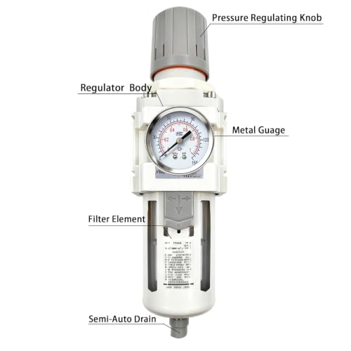 XingNEeng 3/4" NPT Compressed Air Filter Regulator Combo Piggyback, Water/Oil Trap Separator with Pressure Gauge(0-150 psi), Semi-Auto Drain, Poly Bowl, 5 Micron Brass Element, Metal Bracket - color: 3/4" NPT, size: Semi-Auto Drain
