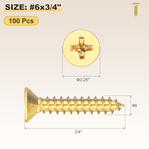 METALLIXITY 100Pcs #6x3/4 Countersunk Phillips Wood Screws BR - size: #6x3/4"