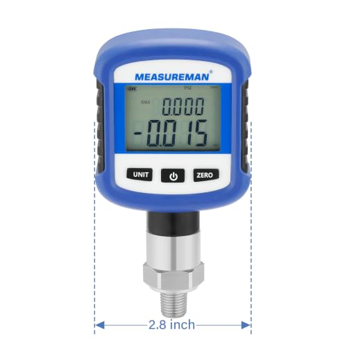 MEASUREMAN Digital Industrial Pressure Gauge -15psi-0, 0.2% FS, 1/4''NPT Lower, Stainless Steel Connection, Battery Powered, with LED Light, Blue Tooth, Phone Connect - size: -15psi-0
