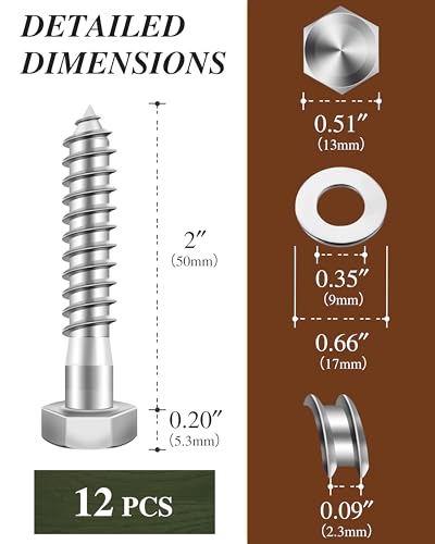 (1Box) 5/16" x 2" Hex Head Lag Screws Bolts with Flat Washers, 12Sets 304 Stainless Steel 18-8 Heavy Duty 5/16 Lag Bolts for Wood with Hex Socket - size: 5/16" x 2", style: 1-Box