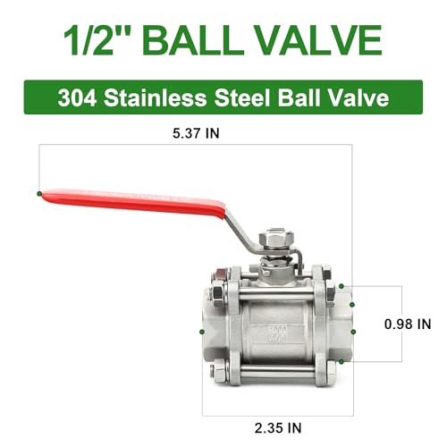 TAISHER 1PCS 1/2" FNPT Heavy Duty 3PC Ball Valve 304 Stainless Steel with Red Handles W0G2000 - size: 1/2" FNPT(3PC)