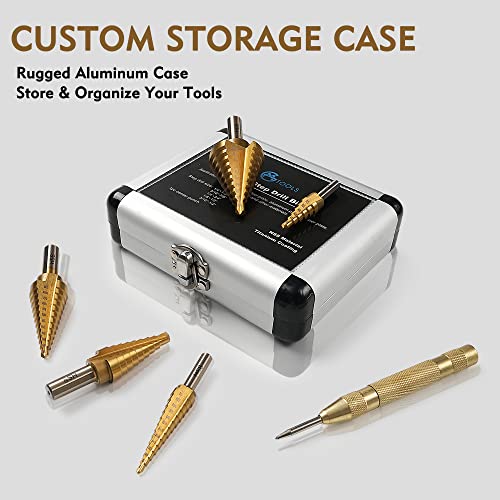 GMTOOLS 6 Pcs Step Drill Bit Set, High Speed Steel Unibit Drill Bits, Stepped Up Bits & Automatic Center Punch for Sheet Metal, DIY Lovers with Aluminum Caes, Total 50 Sizes for Multiple Hole - style: 6PCS