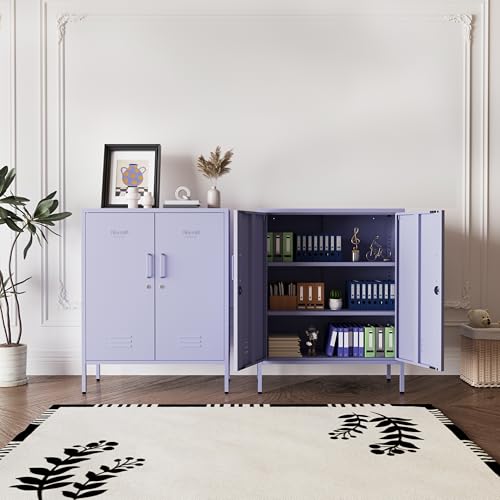 Purple 2-Door Lockable 3-Tier Metal Storage Cabinet with Legs, Heavy Duty Multipurpose Storage Locker with 2 Adjustable Shelves for Home, Office, Entryway, Hallway - color: Lilac, style: Cabinet-40"H-FT