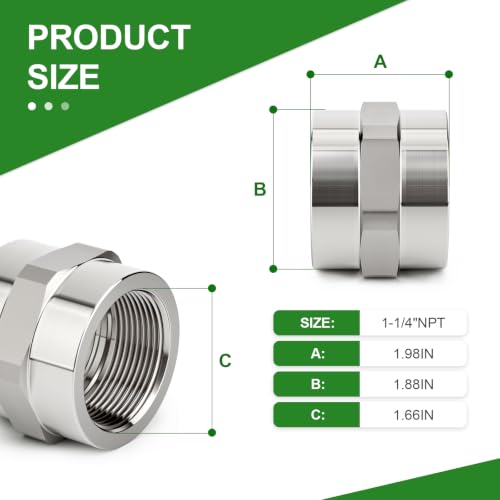 TAISHER 2PCS Forging of 304 SS Hex Coupling,1-1/4" NPT Female Pipe Fitting - size: 1-1/4"FNPT