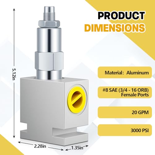 Adjustable Aluminum Pressure Relief Valve, 20 Gpm; 3000 Psi; #8 Sae (3/4-16 Orb), Hydraulic Pressure Control Valve for Systems and Pumps