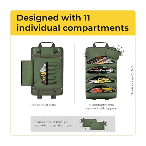 Tool Bag Roll Up Heavy Duty Portable Soft Tool Storage, Foldable Empty Rollup Organizer with Small Pockets Official Rollable Toolbag, Valentines Day Gifts for Him Dad Men Mechanic Welding Green