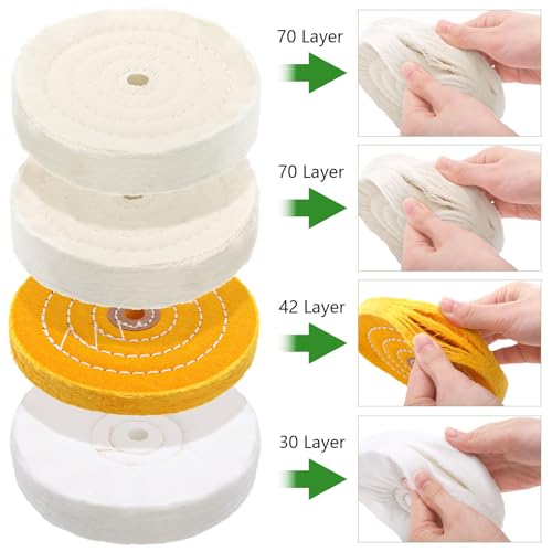 Hedume 7 Pcs 6" Polishing Wheels Kit for Bench Grinder, 1/2" Arbor Hole 2 White Cotton Polish Wheel(70Ply), 1 Yellow Cotton Wheel(42Ply), 1 Soft Flannel Buffing Wheel(30Ply), 3 Polishing Compound Set