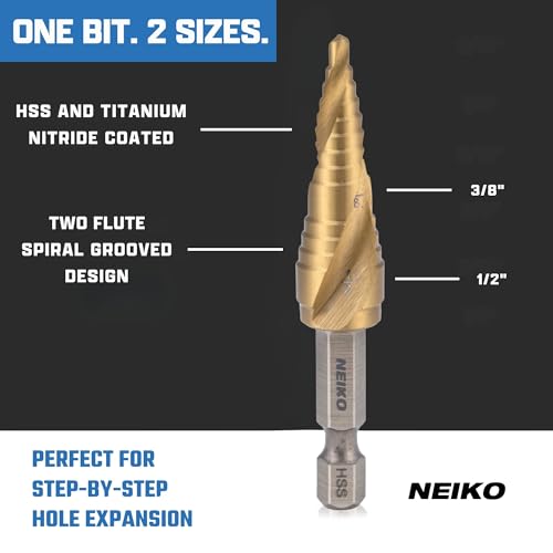 NEIKO 10617A Step Drill Bit, 2 Steps 3/8" to 1/2" Spiral High Speed Steel, Titanium Nitride Coated, 1/4" Quick Change Step Bits for Steel, Metal, Wood, Plastic, Unibit Cone Drill Bits, Two Flute - size: #6 (3/8 - 1/2", 2S), style: Spiral