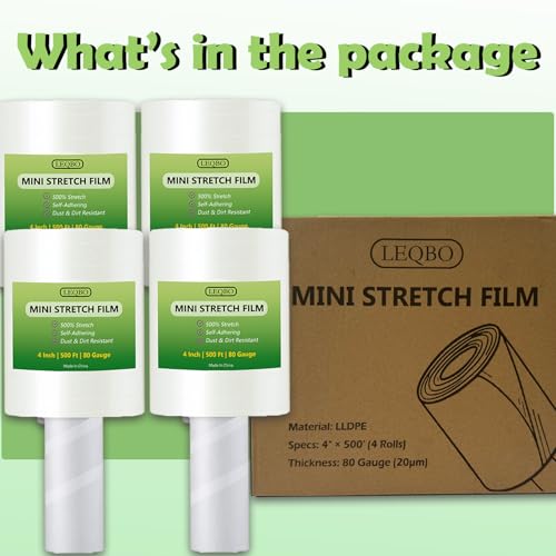 Clear Stretch Wrap Film,4" x 2000Ft Pallet Wrap Roll with Handle for Moving Supplies,80 Gauge Industrial Strength Durable Self-Adhering Packing, Moving, Heavy Duty Stretch Film, 500Ft x 4 Pack