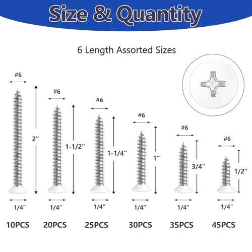 165PCS #6 White Head Screws for 2.8mm-3.0mm Holes, White Wood Screw Assortment Kit – 6 Sizes (2” to 1/2”) 304 Stainless Steel for Shutters, Shelf, Wall Plate, Shiplap