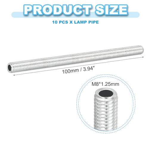 PATIKIL M8 Thread Carbon Steel Lamp Pipe, 10 Set 100 mm/3.94" Hollow Tube Thread Adapter Fasteners Hardware for Lamp Lights Chandelier Ceiling Light DIY, White Zinc Plating - size: M8x100mm