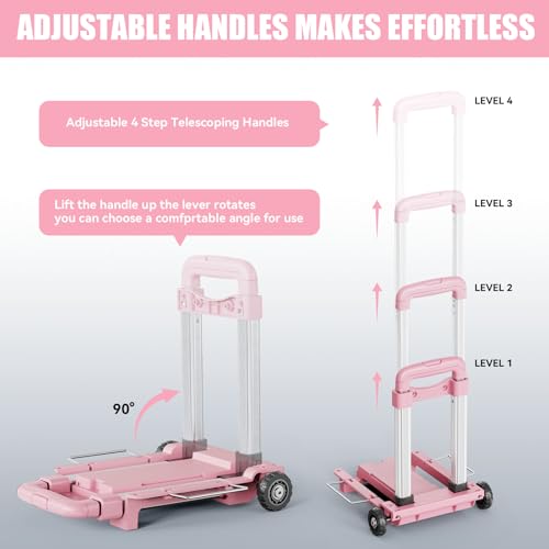 Mini Small Folding Hand Truck Dolly with 2 Tank Wheels, Expandable Base Plate Utility Luggage Cart with 1 Elastic Ropes, Portable Dolly Cart for School Travel Office Moving - color: Pink