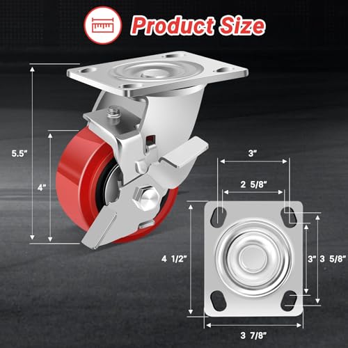 Nefish 4 Inch Heavy Duty Casters Wheels, Industrial Grade Polyurethane Casters Set of 4 with Dual Ball Bearing, Solid Polyurethane Wheel 2500 Lb, Plate Swivel Casters for Cart, Industrial, Machine - style: 4 IN (4 Brakes)