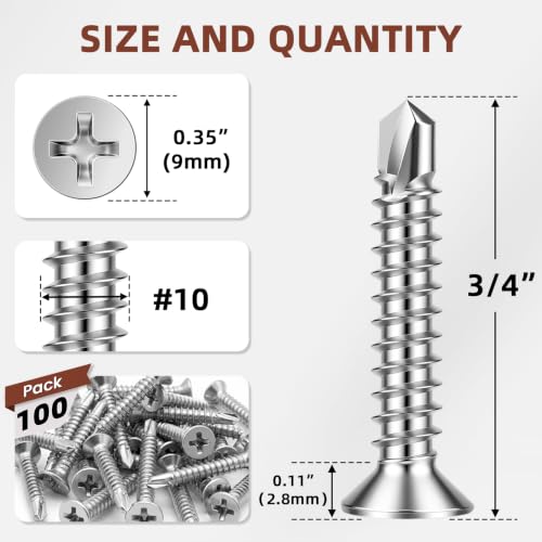 Mellewell #10 x 3/4" Flat Head Sheet Metal Screws, 100 PCS - color: Silver, size: #10 x 3/4"