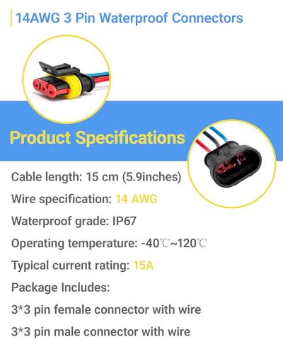 14AWG 3 Pin Waterproof Electrical Connector Quick Connect 3 Pack - size: 3 Pin