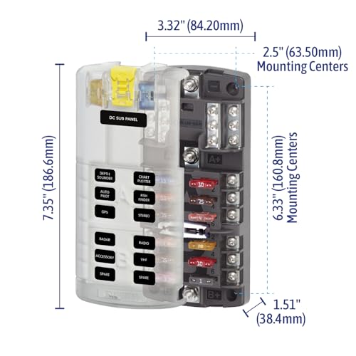 Blue Sea Systems ST Blade Fuse Block Dual 12 Circuit with Ground and Cover, 100 Amps, 5032 - color: With cover, style: 12 Circuit + Neg - Split Bus