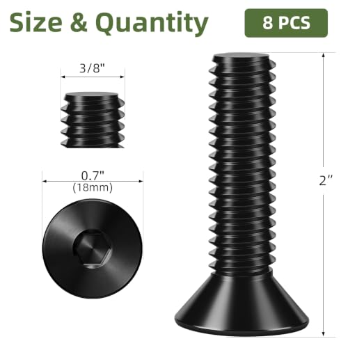 8 PCS 3/8"-16 x 2 Flat Head Socket Cap Screws Bolts, Countersunk Allen Bolts, 10.9 Grade Carbon Steel, Full Thread, Black Coating, Screwdriver Included - color: Black, size: 3/8"-16 x 2"