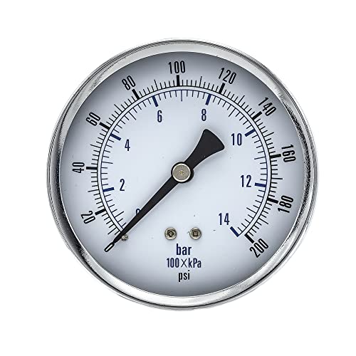 Dry Center Back Mount Pressure Gauge with 3.5" Dial, 0-200 PSI, 1/4" Male NPT Connection, Chrome Bezel, Brass Internals and Plastic Lens (1)