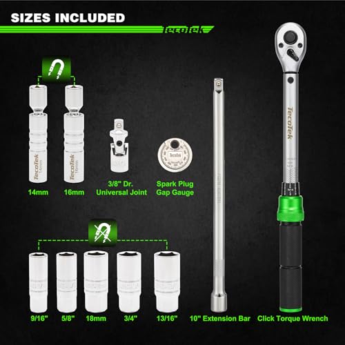 TecoTek 11Pcs 3/8" Drive Spark Plug Socket Set with Click Torque Wrench, Spark Plug Gapper, Universal Joint, Extension Bar, 9/16", 5/8", 3/4", 13/16", 14, 16 and 18mm, CR-V Sockets with Rubber Rings - size: 11PCS Spark Plug Socket Set with Torque Wrench
