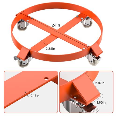 Heavy Duty Drum Dolly for 55 Gallon Barrels – 1250 Lb Capacity, Steel Frame Cart with 4 Swivel Casters & Brakes, Global 24 Inch Platform, Non-Tipping Design for Warehouse Material Handling - size: 4 wheels