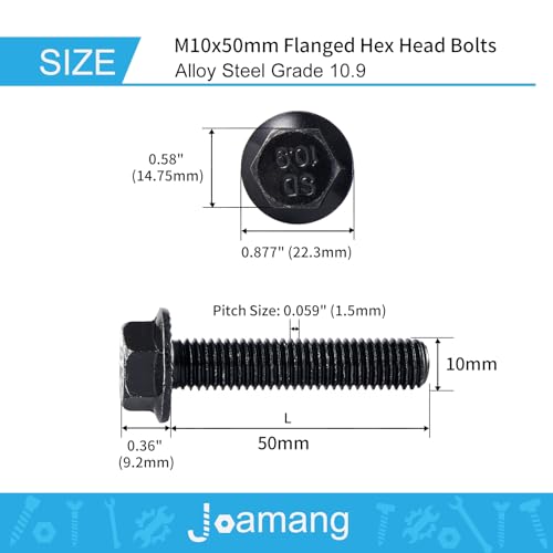 M10 x 50mm 10Pcs Flanged Hex Head Bolts, M10 x 1.5 Bolts, Flange Hexagon Head Screws, 10.9 Grade Alloy Steel, Black Oxide Finish, Metric Fully Thread - size: M10 x 50mm(10PCS)