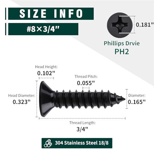 #8 x 3/4" Flat Head Phillips Sheet Metal Tek Screws, 304 Stainless Steel 18-8, Black Oxide Coated Finish, Corrosion Resistant Flat Head Wood Screws, 100 PCS - size: #8 x 3/4"