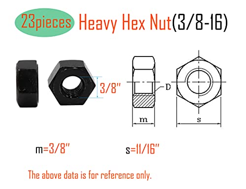 LBY 23pcs Heavy Hex Nuts, 3/8-16 Coarse Thread Hex Nuts, 45# Steel (Black) - size: 3/8-16