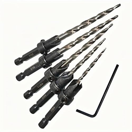 5PCS Woodworking Countersink Drill Bits Set, Tapered Drill Bits Countersink HSS Conical Countersink with 1 Hex Wrench Woodworking Countersink Bit - size: 5 PCS