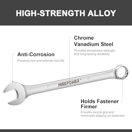 MAXPOWER 1 Inch Combination Wrench, Industrial Grade Spanners with 12 Point Box End, Durable Chrome Vanadium Steel with Off Corners Design, 15 Degree Offset - SAE - size: 1 Inch