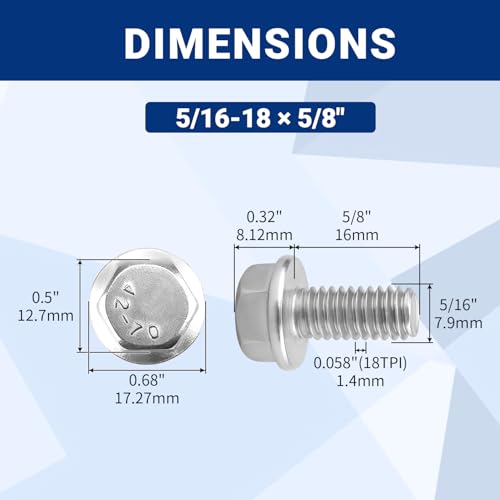 20pcs 5/16-18 x 5/8" Flange Hex Head Bolts (Non-Serrated), 304 SS - size: 5/16-18 x 5/8