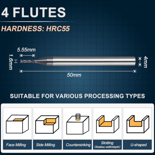 1.6mm Carbide End Mill, 5.55mm Cut L, 50mm L, 4mm Shank, Black - color: Black, size: 1.6mm Dia,5.55mm CL,50mm L,4mm Shank