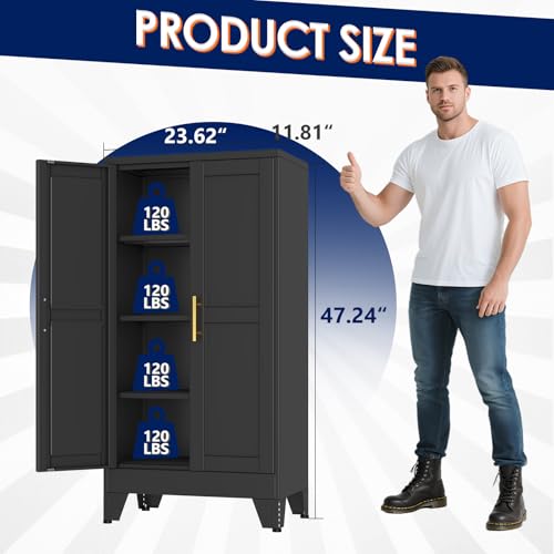 erosoei 47" H Metal Garage Storage Cabinet, Black Metal Pantry Cabinet with 2 Doors, Locker Steel Cabinet with 3 Adjustable Shelves, Freestanding Cupboard for Garage,Office,Home,Gym,School - color: Black, size: 47"-NCasNLck